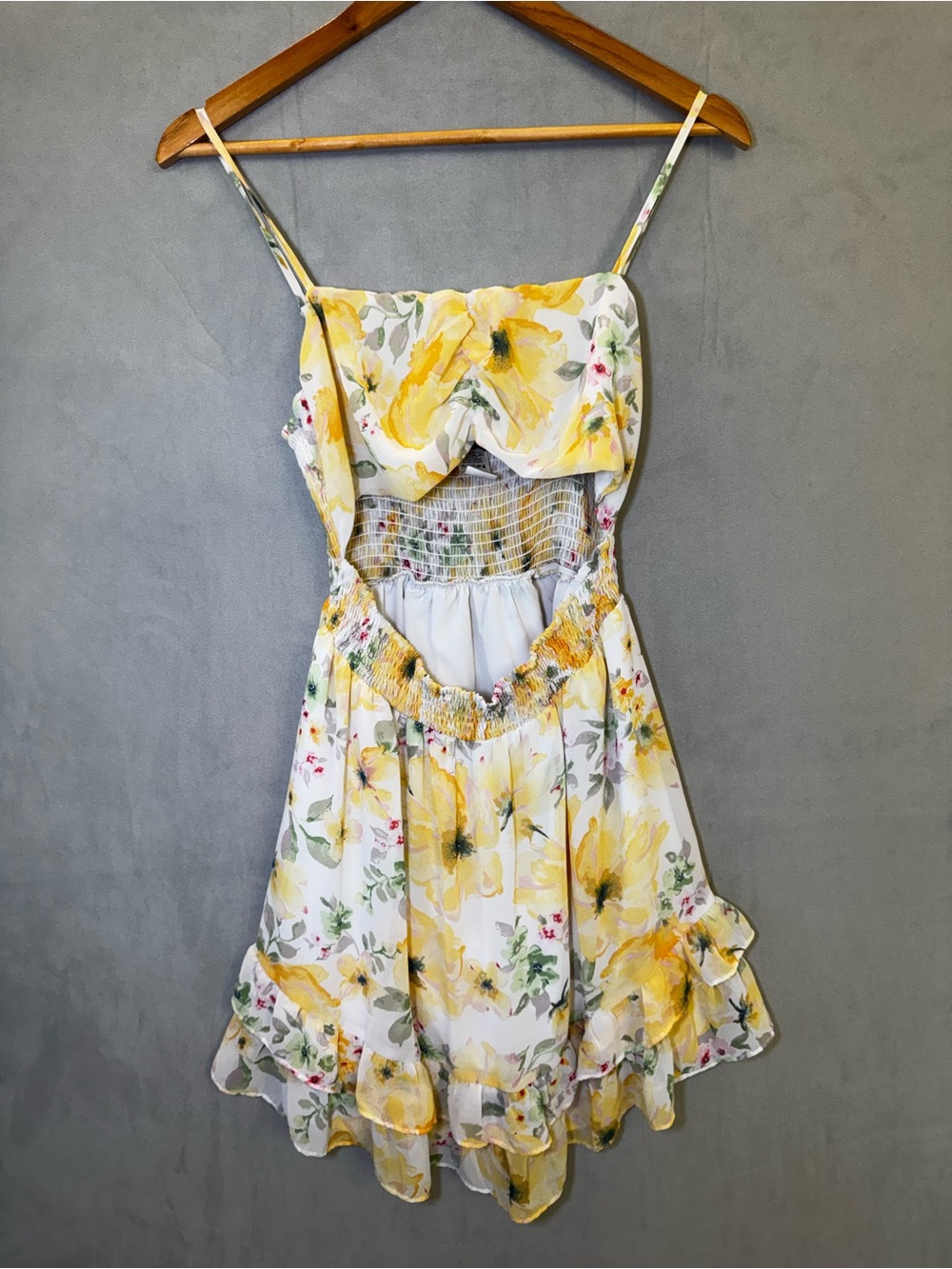 Windsor Floral Mini Dress L Yellow Open Back Ruffle Sundress Cottagecore